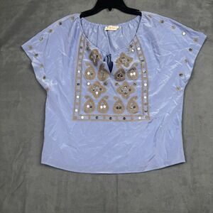 Tory Burch Silk Embroidered Mirror Tunic Top Blue Boho Size 6